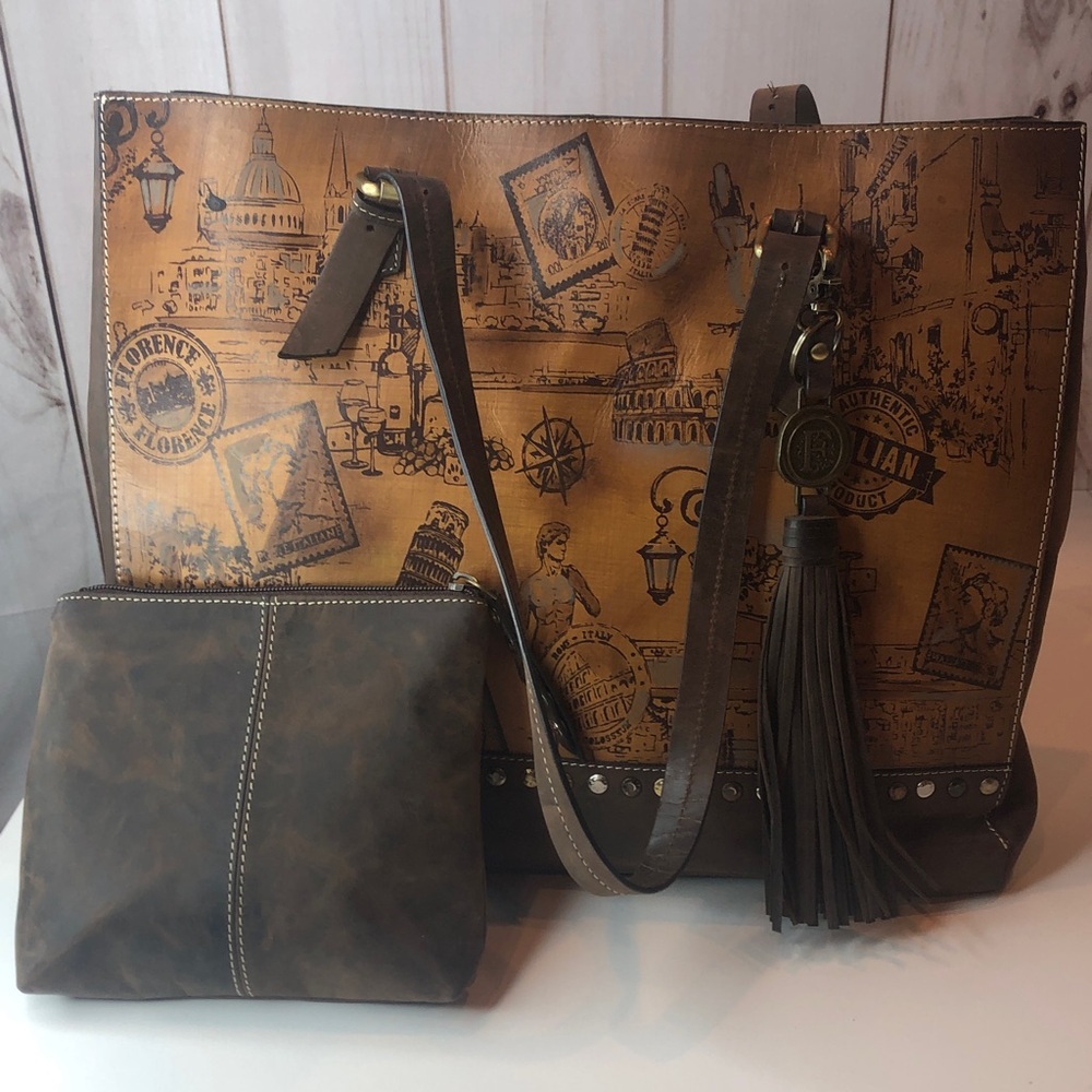 FIRENZE BELLA Brown & Tan Printed Leather Tote Bag Large plus small wallet bag